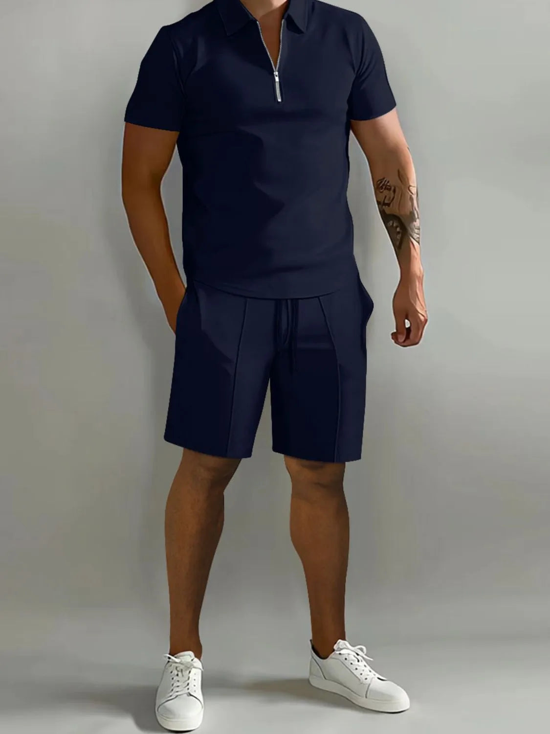 Men's Full Size Collared Neck Short Sleeve Top and Shorts Set Plus Size