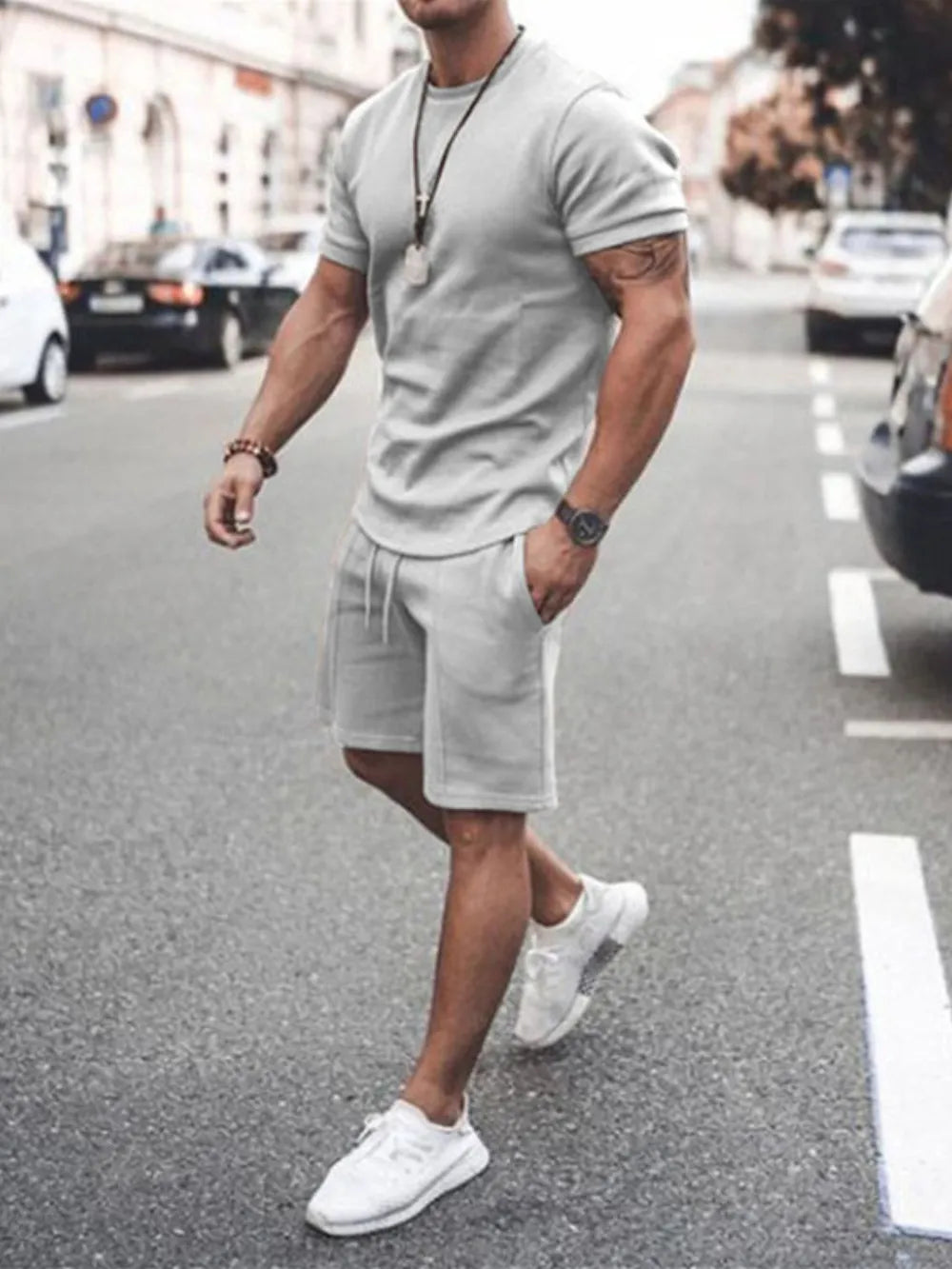 Men's Plus Size Round Neck Short Sleeve Top and Shorts Set