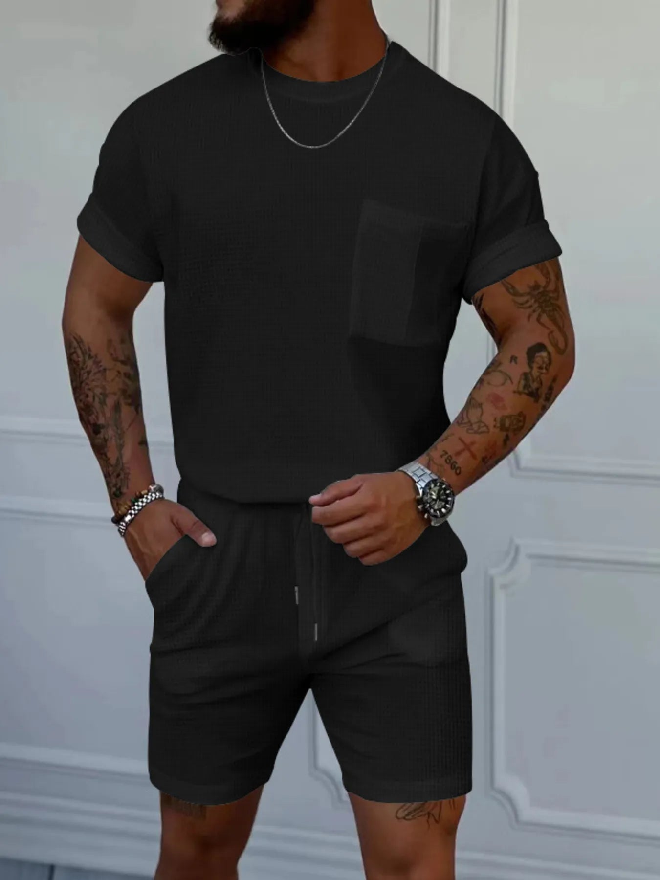 Men's Full Size Round Neck Short Sleeve Top and Shorts Set Plus Size