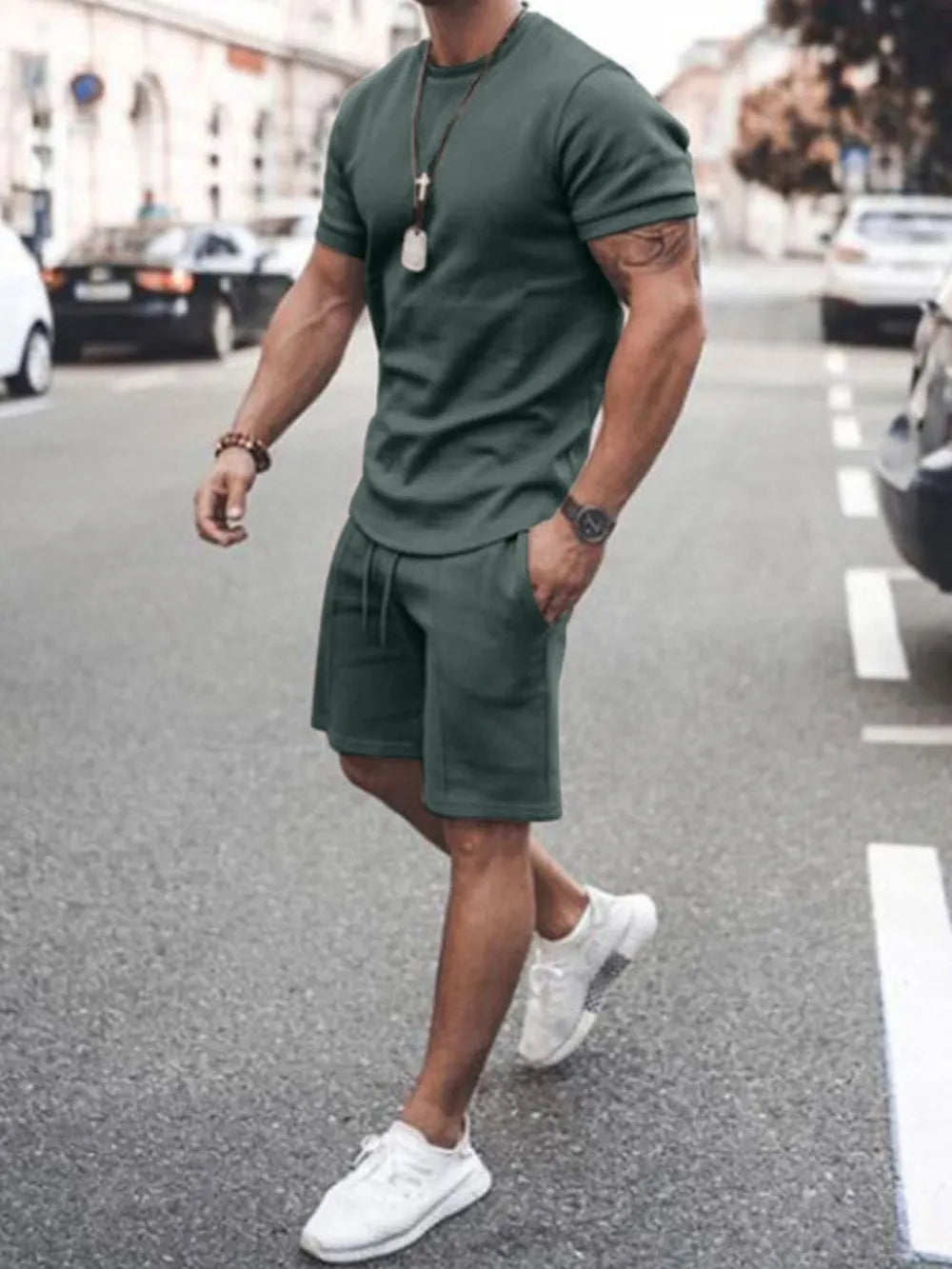 Men's Plus Size Round Neck Short Sleeve Top and Shorts Set