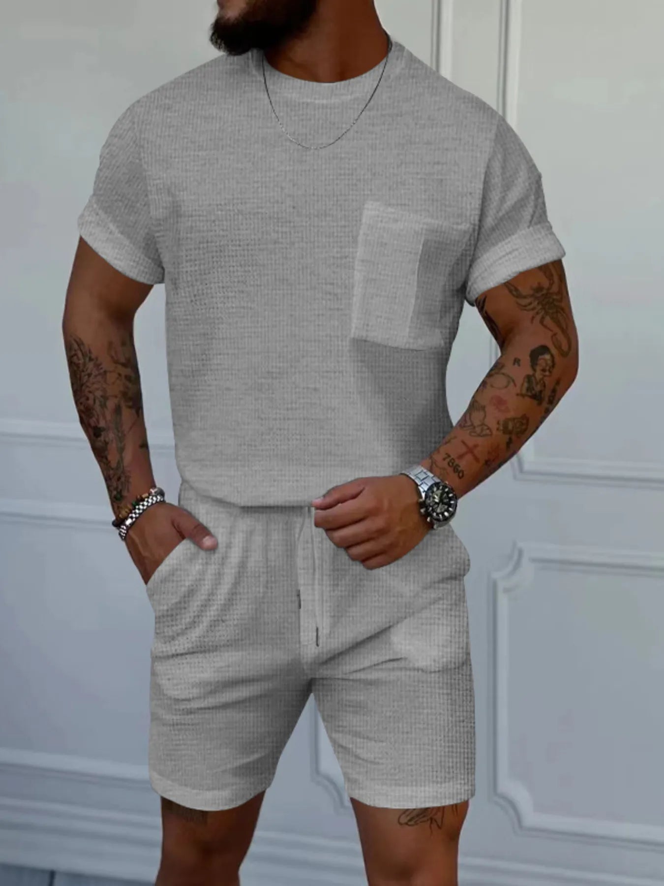Men's Full Size Round Neck Short Sleeve Top and Shorts Set Plus Size