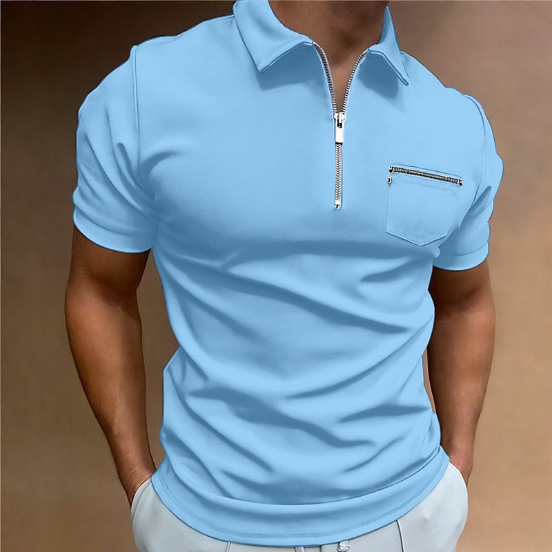 Men's Solid Color Lapel T-Shirt Short Sleeve with Pocket