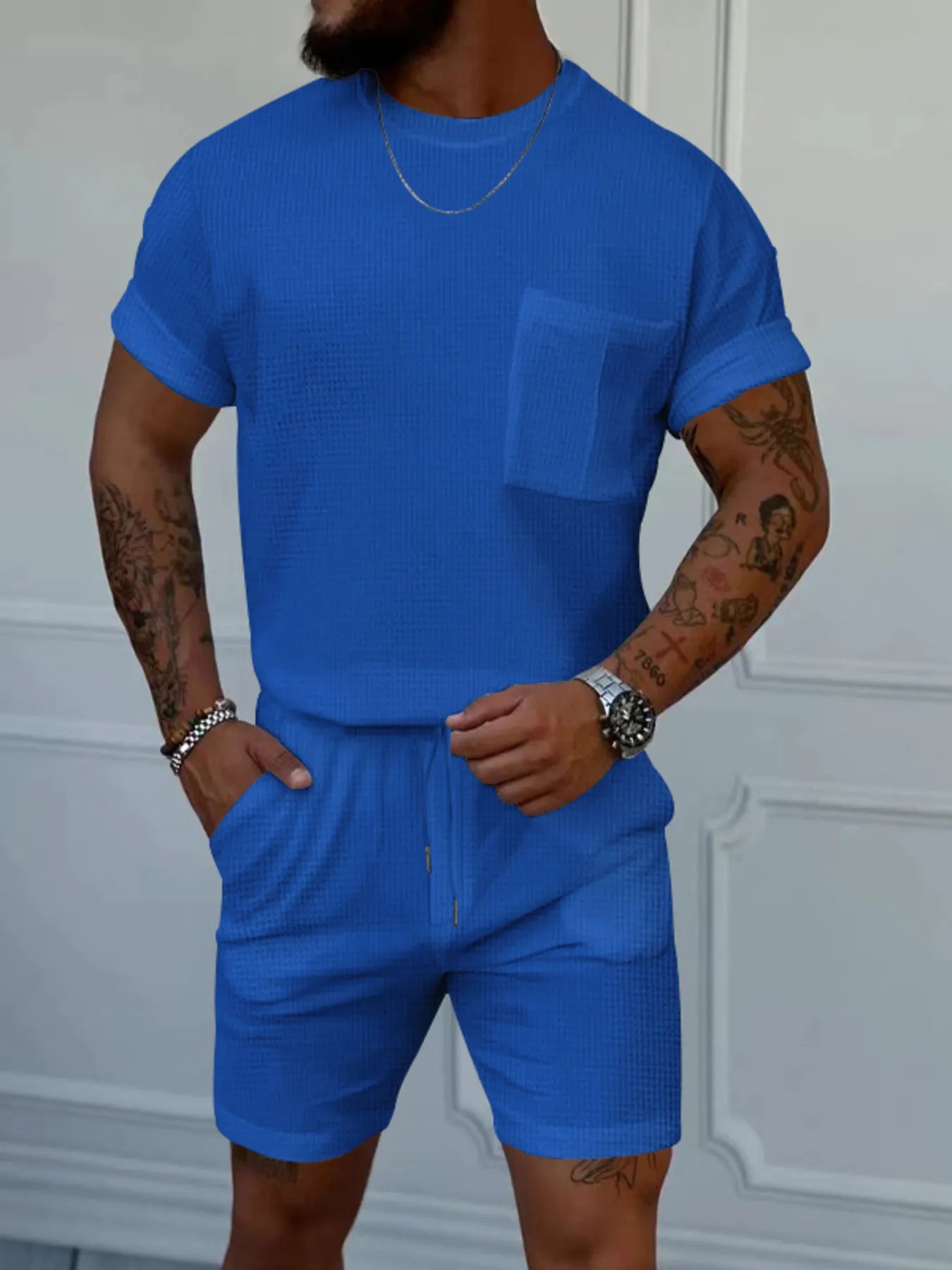 Men's Full Size Round Neck Short Sleeve Top and Shorts Set Plus Size