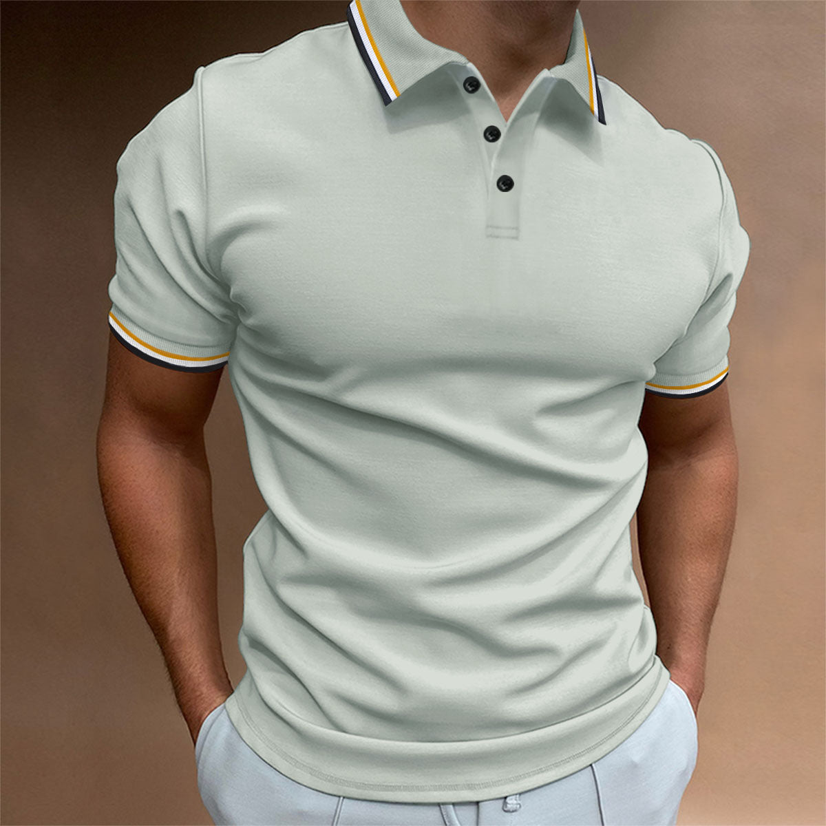 Men's Slim-Fit Polo Shirt Rib Striped T-Shirt Top