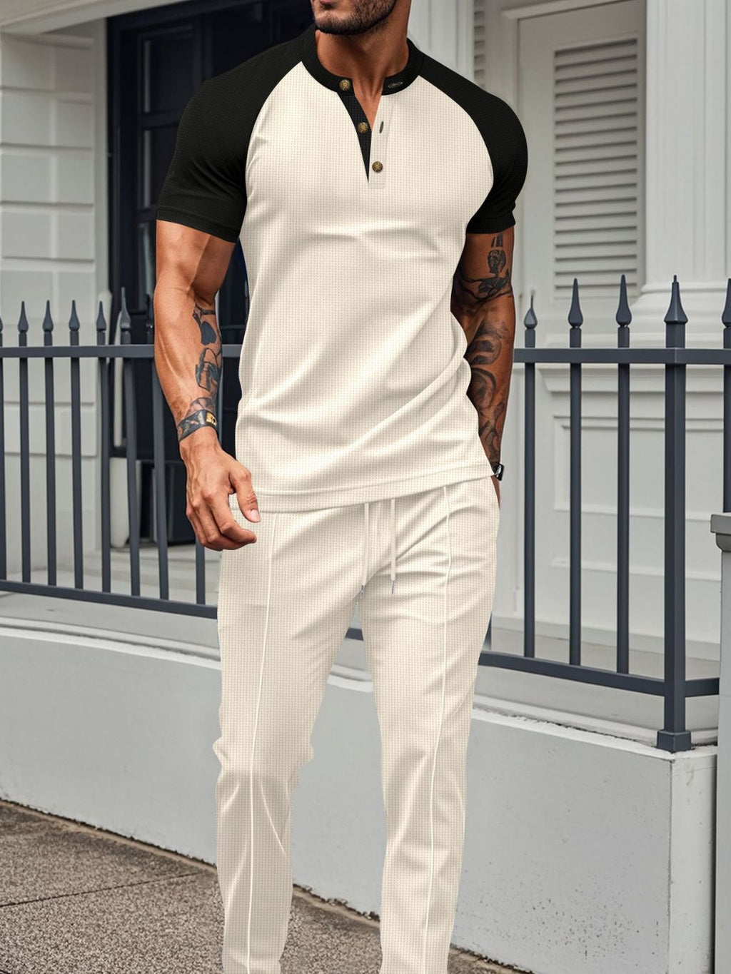 Men's Full Size Waffle-Knit Contrast Top and Drawstring Pants Set Plus Size