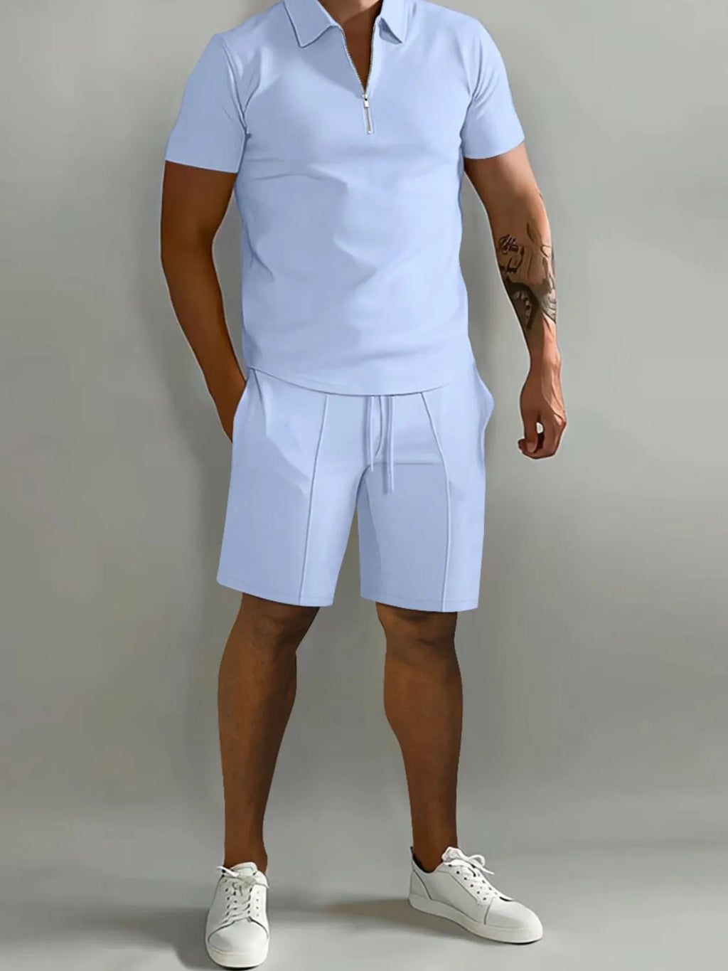 Men's Full Size Collared Neck Short Sleeve Top and Shorts Set Plus Size
