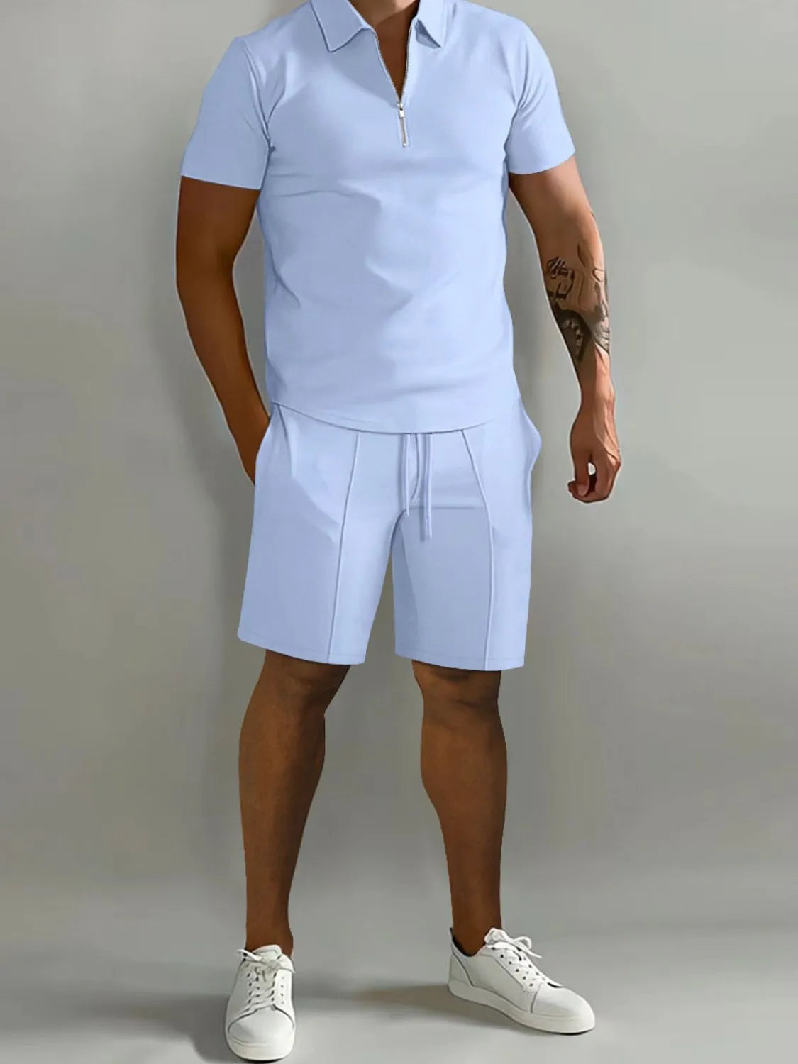 Men's Full Size Collared Neck Short Sleeve Top and Shorts Set Plus Size