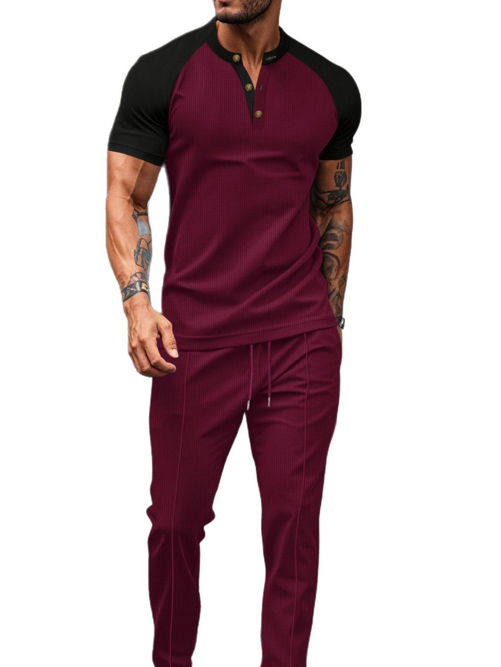 Men's Full Size Waffle-Knit Contrast Top and Drawstring Pants Set Plus Size