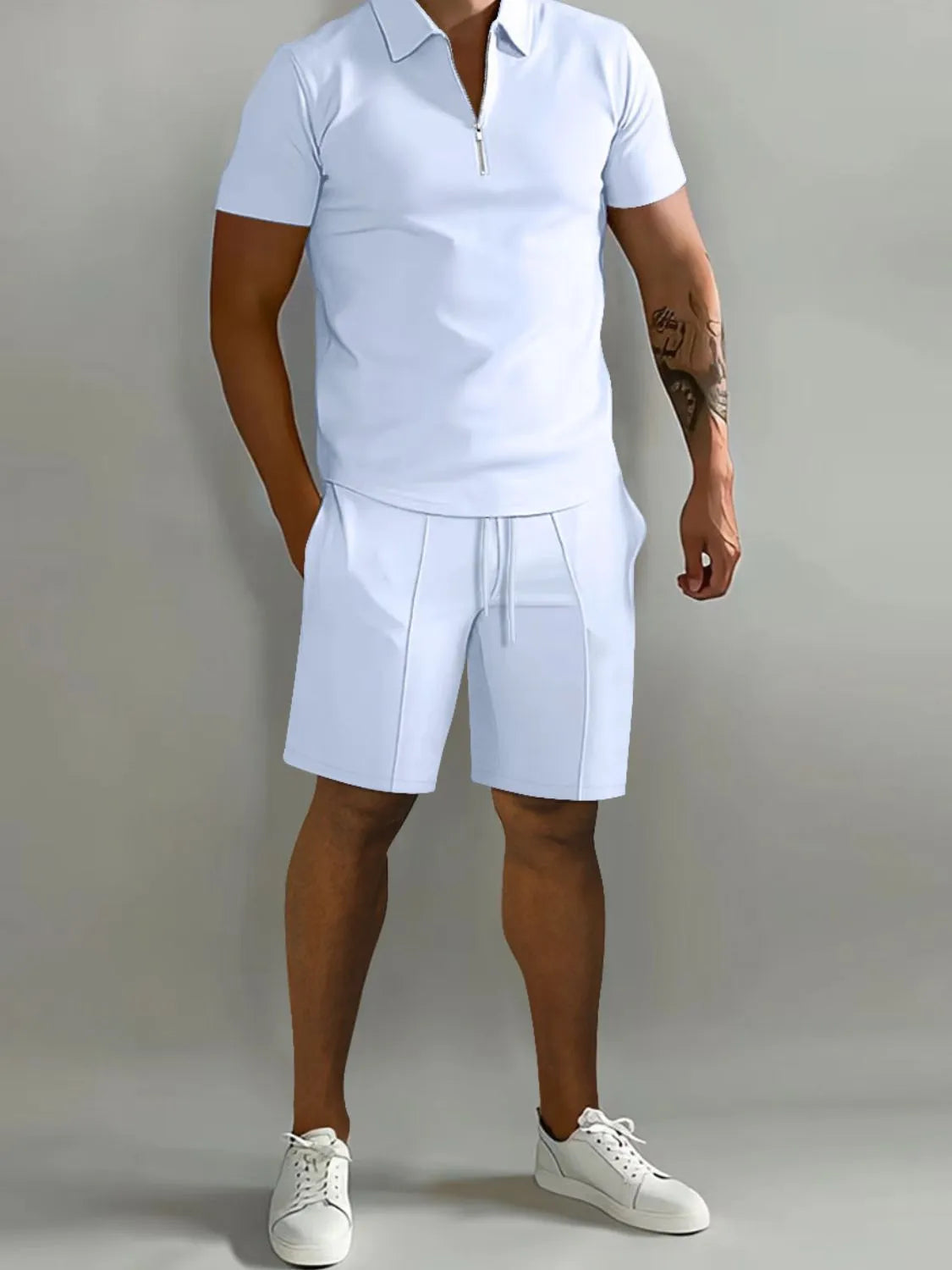 Men's Full Size Collared Neck Short Sleeve Top and Shorts Set Plus Size