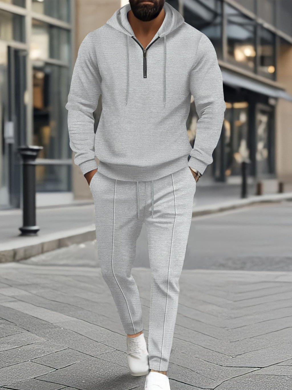 Men's Full Size Waffle-Knit Half Zipper Hoodie and Pants Set Plus Size