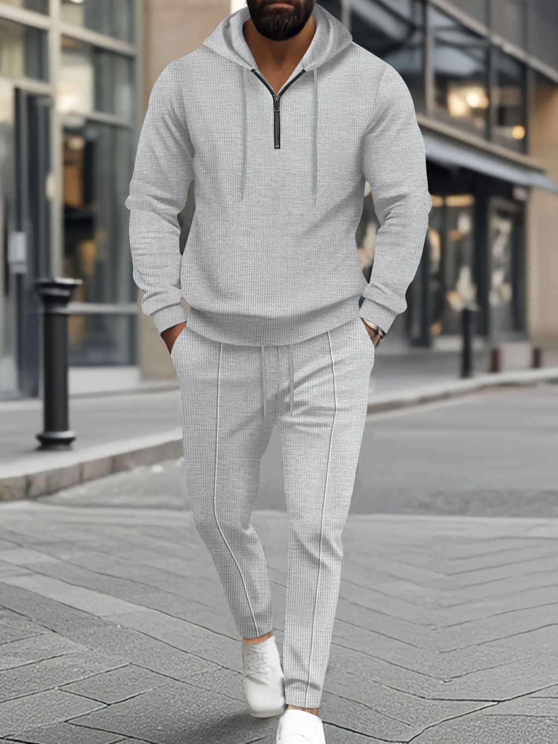 Men's Full Size Waffle-Knit Half Zipper Hoodie and Pants Set Plus Size