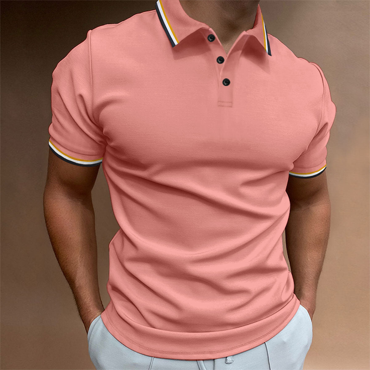 Men's Slim-Fit Polo Shirt Rib Striped T-Shirt Top