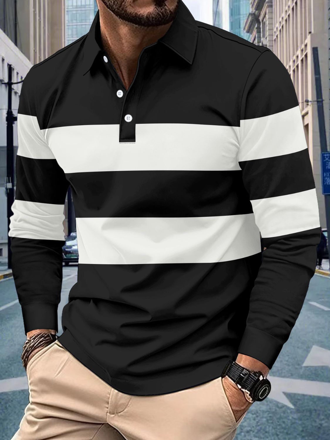 Men's Full Size Collared Contrast Striped Polo Plus Size