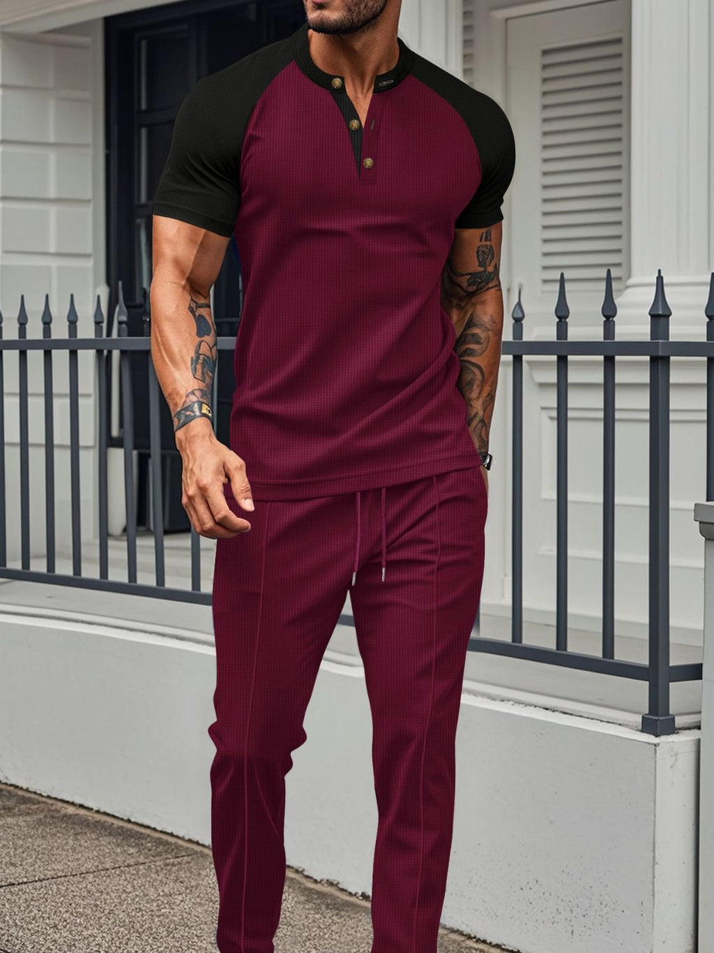 Men's Full Size Waffle-Knit Contrast Top and Drawstring Pants Set Plus Size