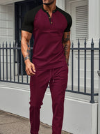 Men's Full Size Waffle-Knit Contrast Top and Drawstring Pants Set Plus Size