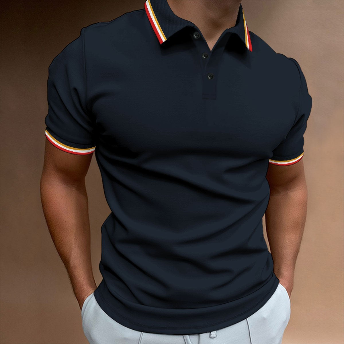 Men's Slim-Fit Polo Shirt Rib Striped T-Shirt Top