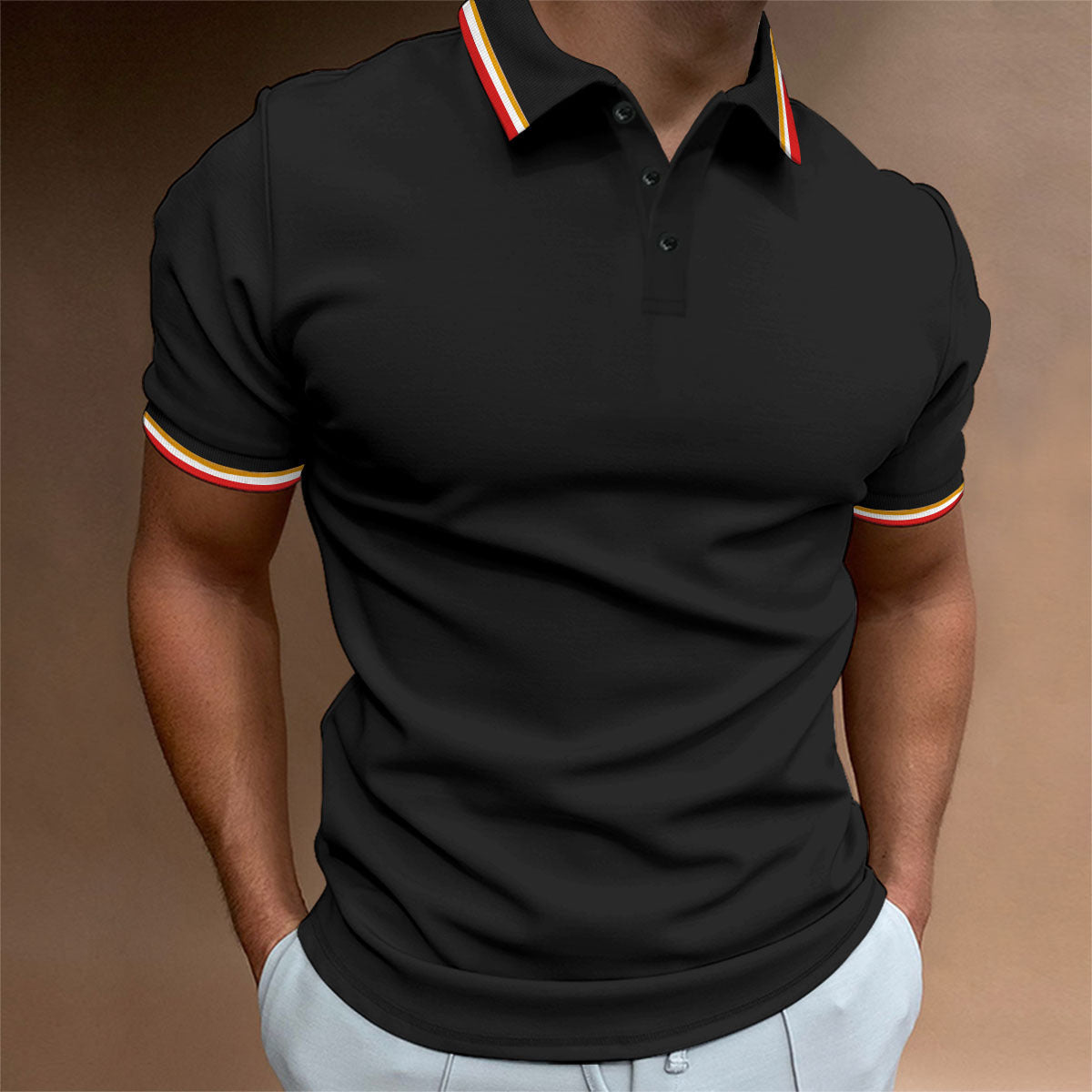Men's Slim-Fit Polo Shirt Rib Striped T-Shirt Top