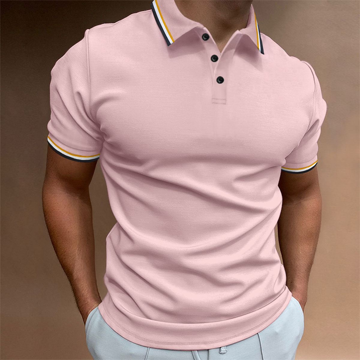 Men's Slim-Fit Polo Shirt Rib Striped T-Shirt Top