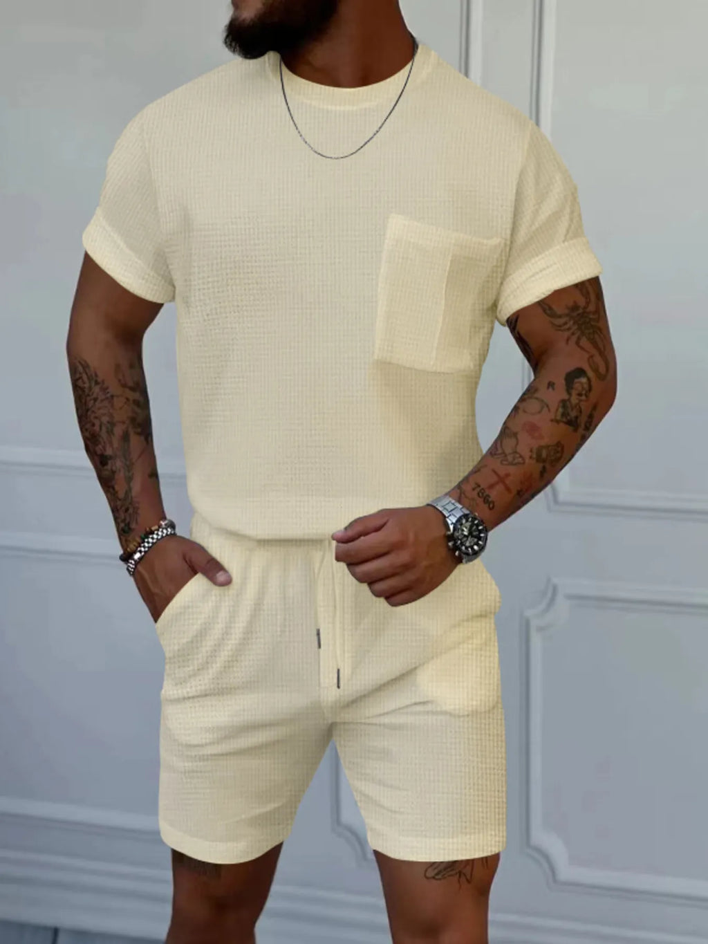 Men's Full Size Round Neck Short Sleeve Top and Shorts Set Plus Size