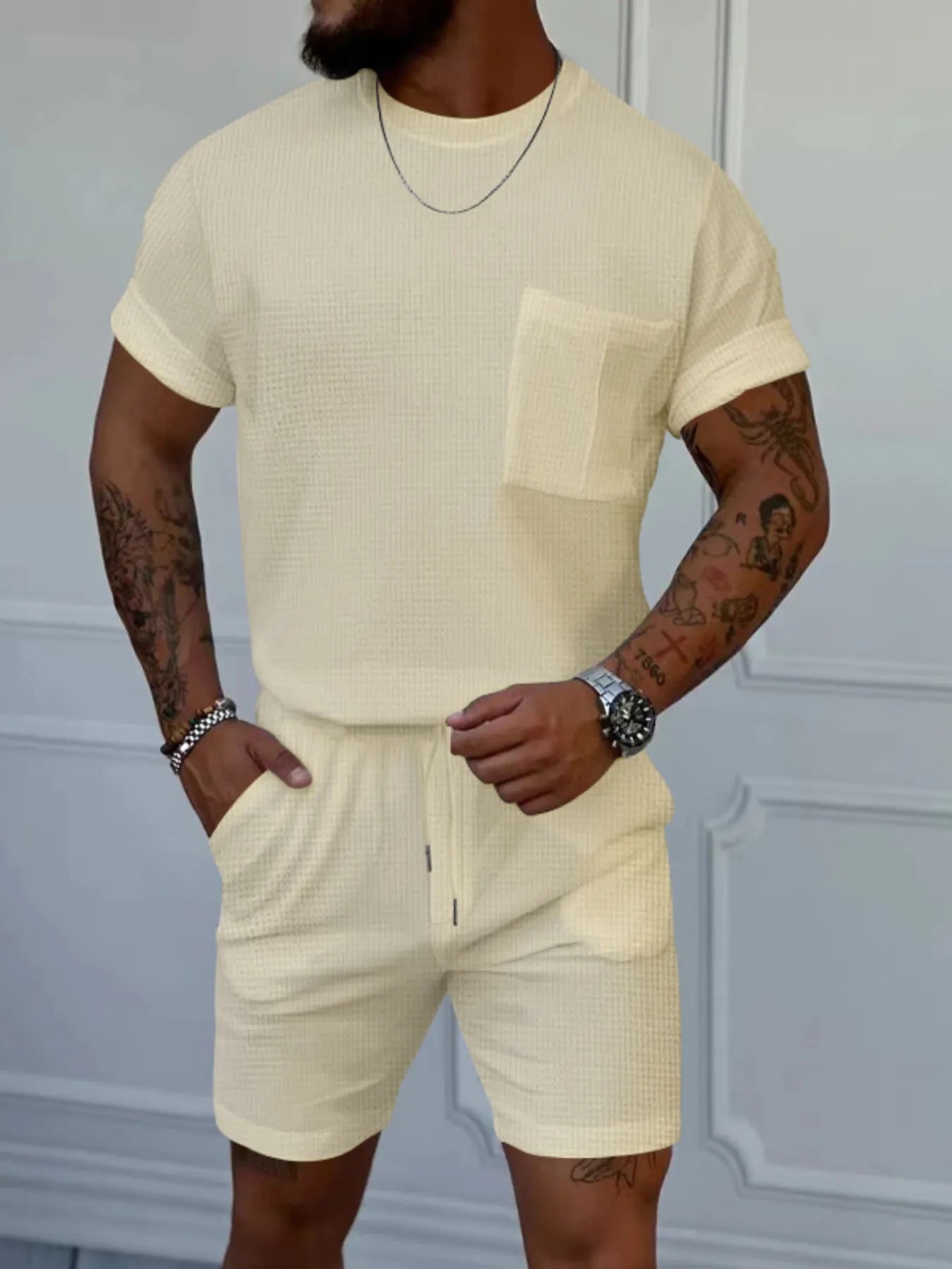 Men's Full Size Round Neck Short Sleeve Top and Shorts Set Plus Size