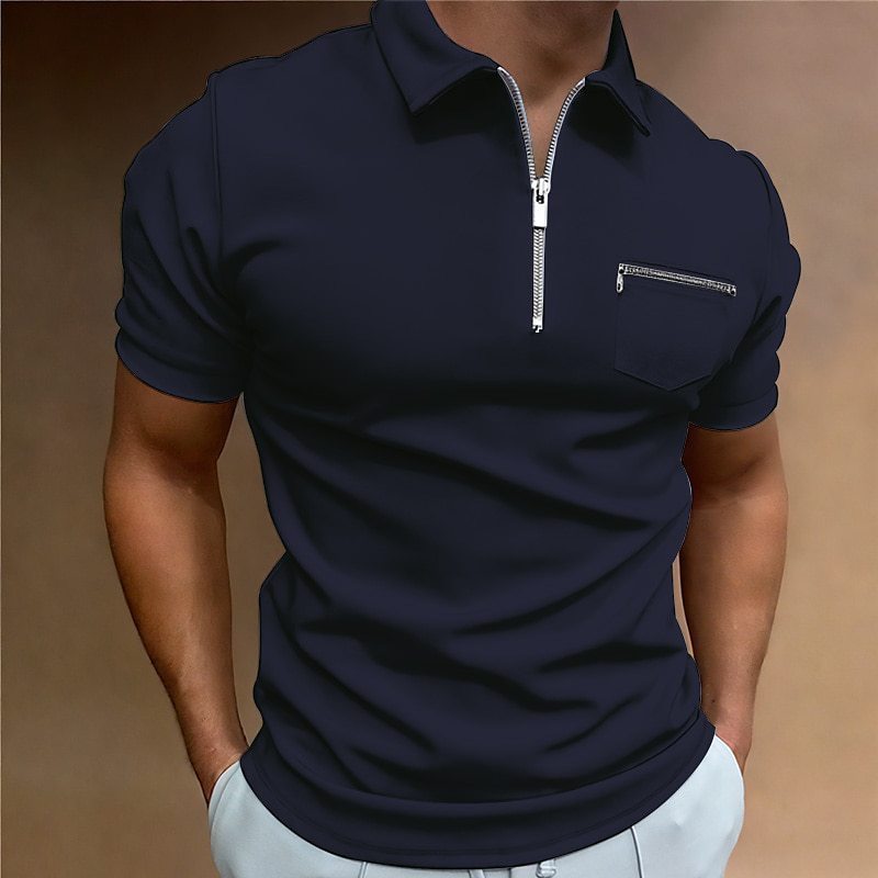 Men's Solid Color Lapel T-Shirt Short Sleeve with Pocket