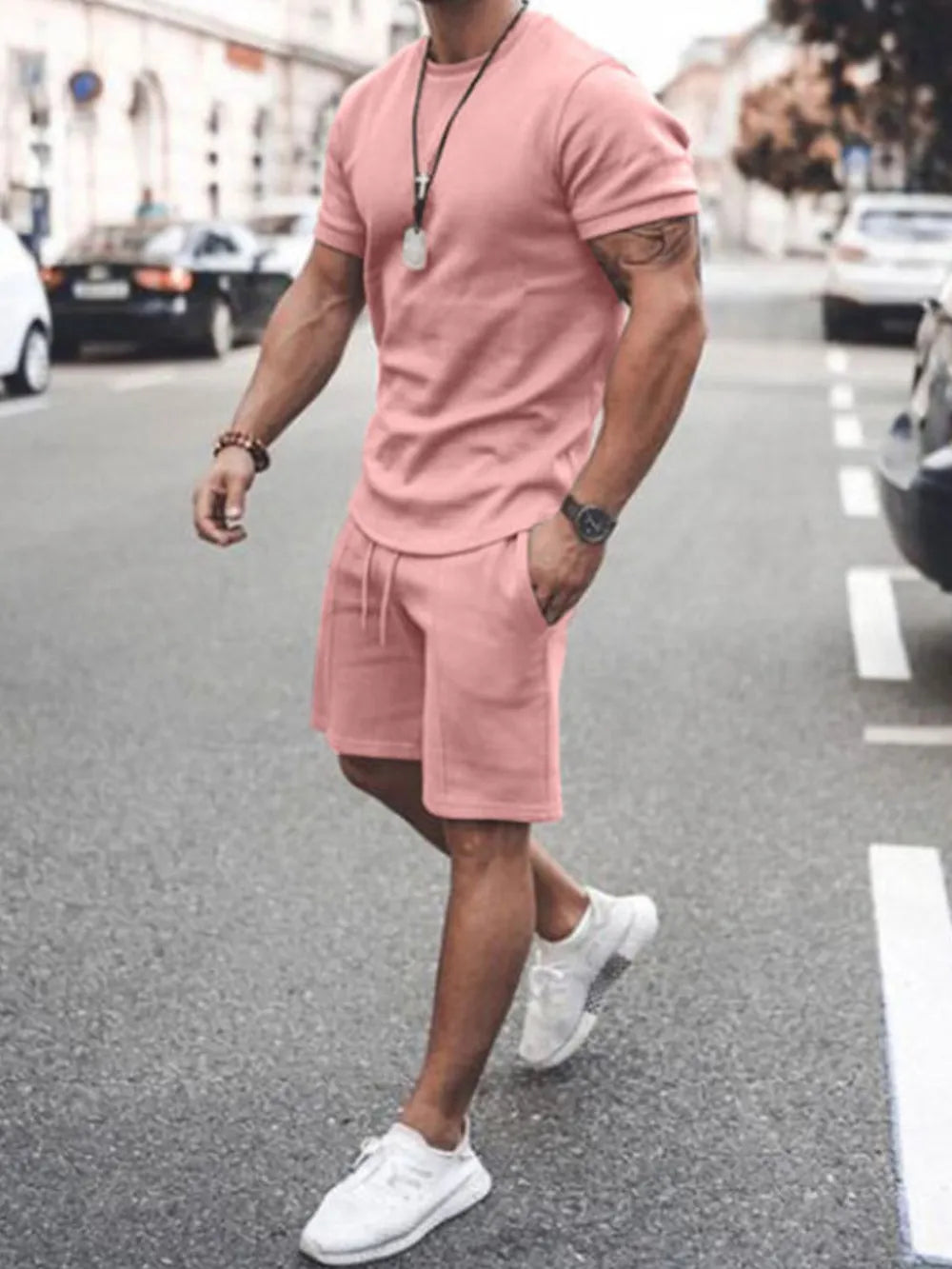 Men's Plus Size Round Neck Short Sleeve Top and Shorts Set