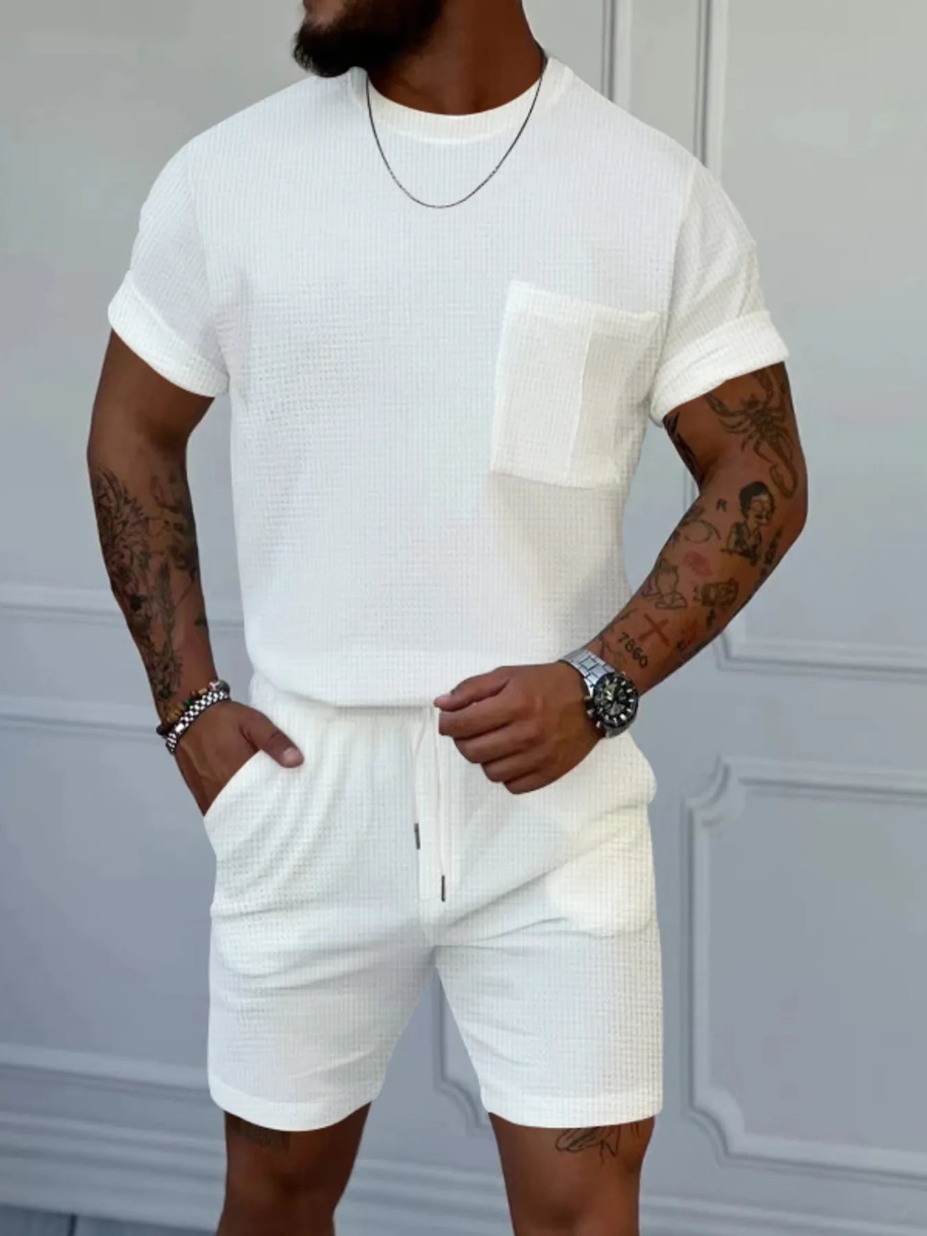 Men's Full Size Round Neck Short Sleeve Top and Shorts Set Plus Size