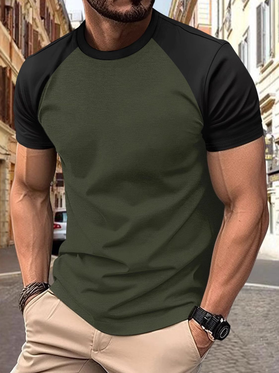 Men's Full Size Round Neck Contrast T-Shirt Plus Size