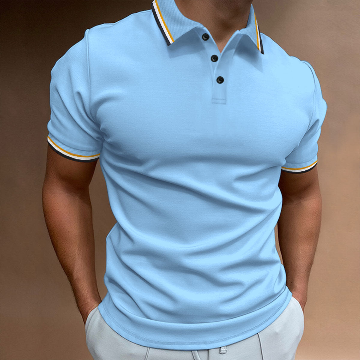 Men's Slim-Fit Polo Shirt Rib Striped T-Shirt Top