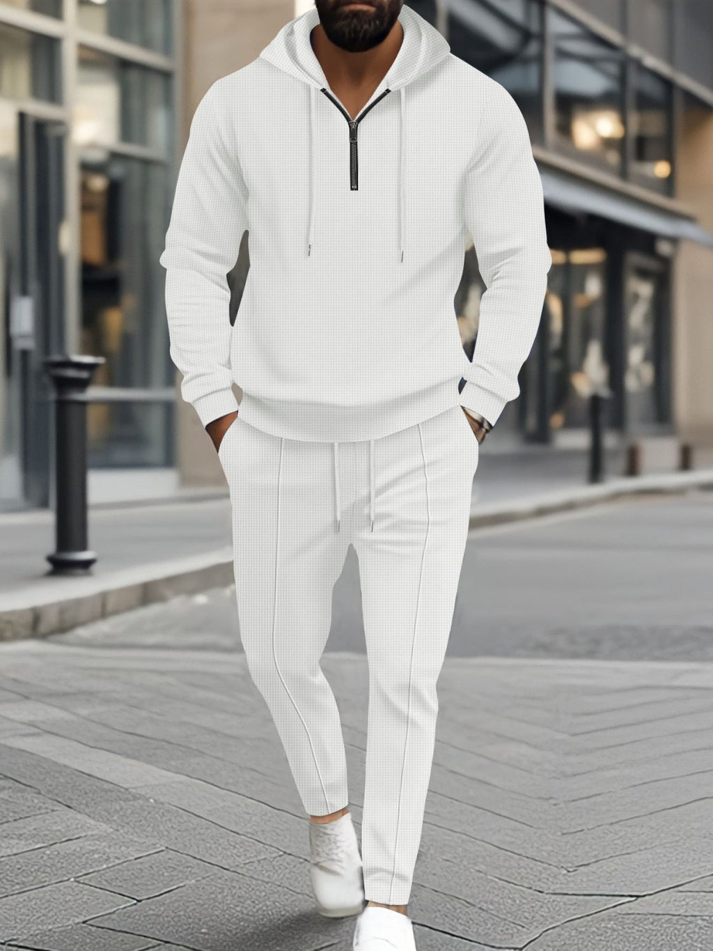 Men's Full Size Waffle-Knit Half Zipper Hoodie and Pants Set Plus Size