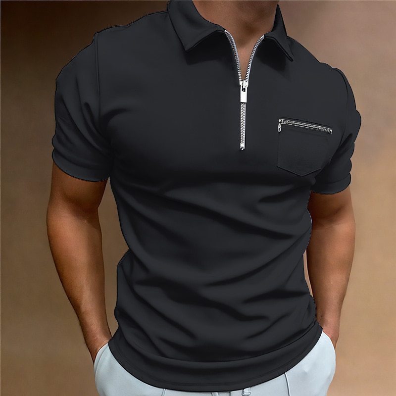 Men's Solid Color Lapel T-Shirt Short Sleeve with Pocket