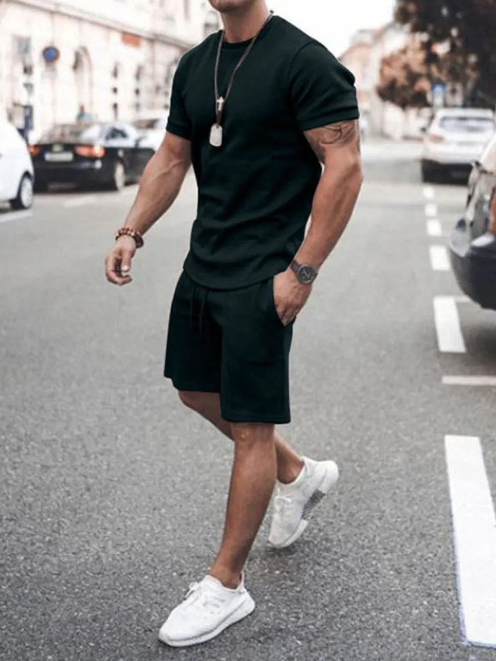 Men's Plus Size Round Neck Short Sleeve Top and Shorts Set