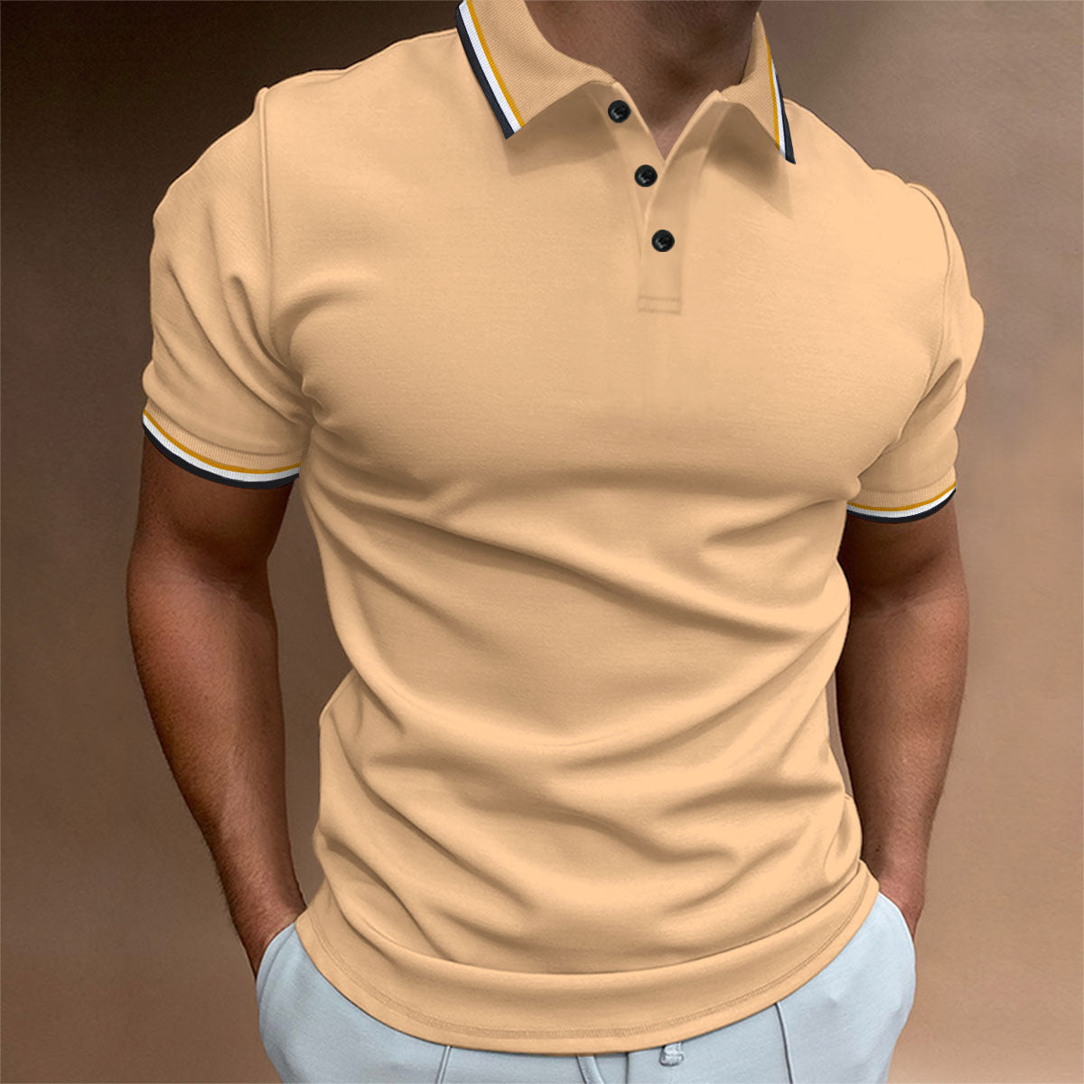 Men's Slim-Fit Polo Shirt Rib Striped T-Shirt Top